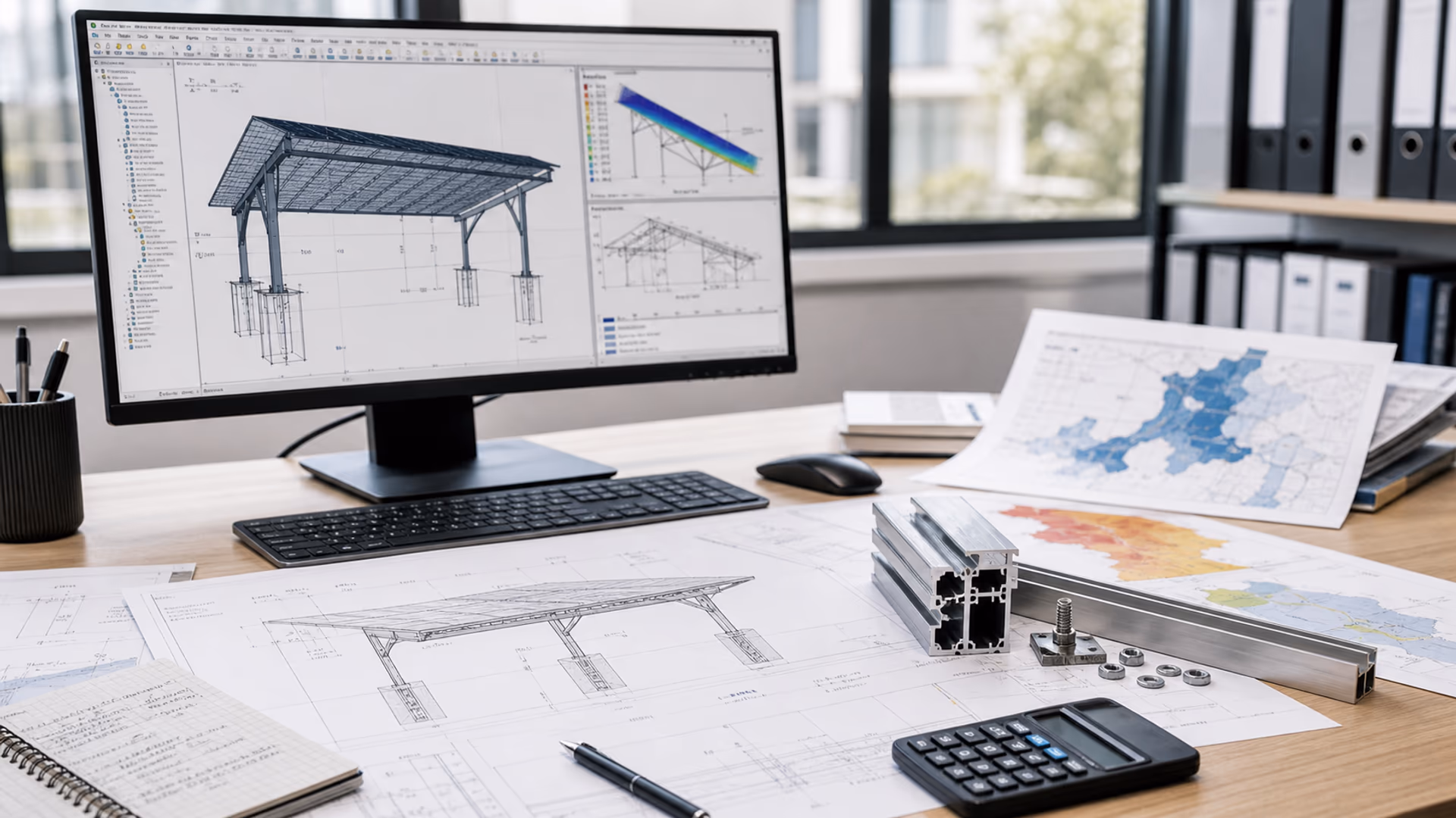 Bureau d études avec plans de structure solaire et calculs Eurocode