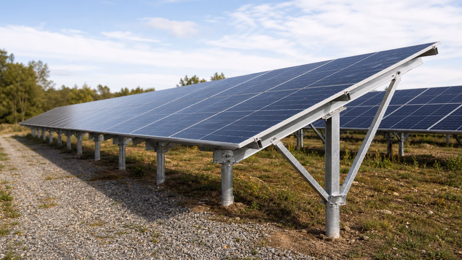 Structure photovoltaïque métallique galvanisée sur poteaux implantée sur une parcelle enherbée