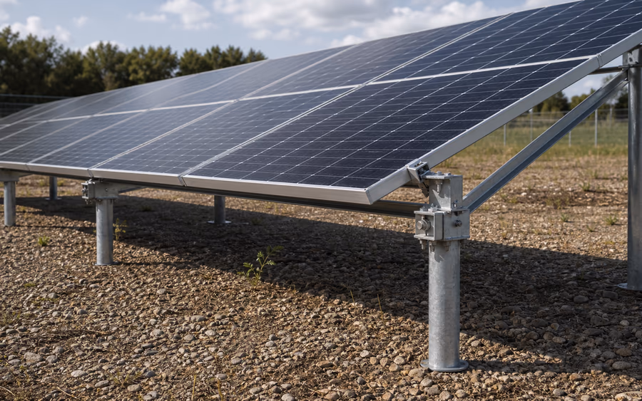 Rij zonnepanelen op verzinkte palen in een bodem van grind