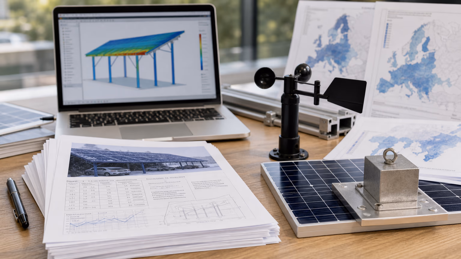 Engineering desk with Eurocode snow and wind load calculations for a solar structure