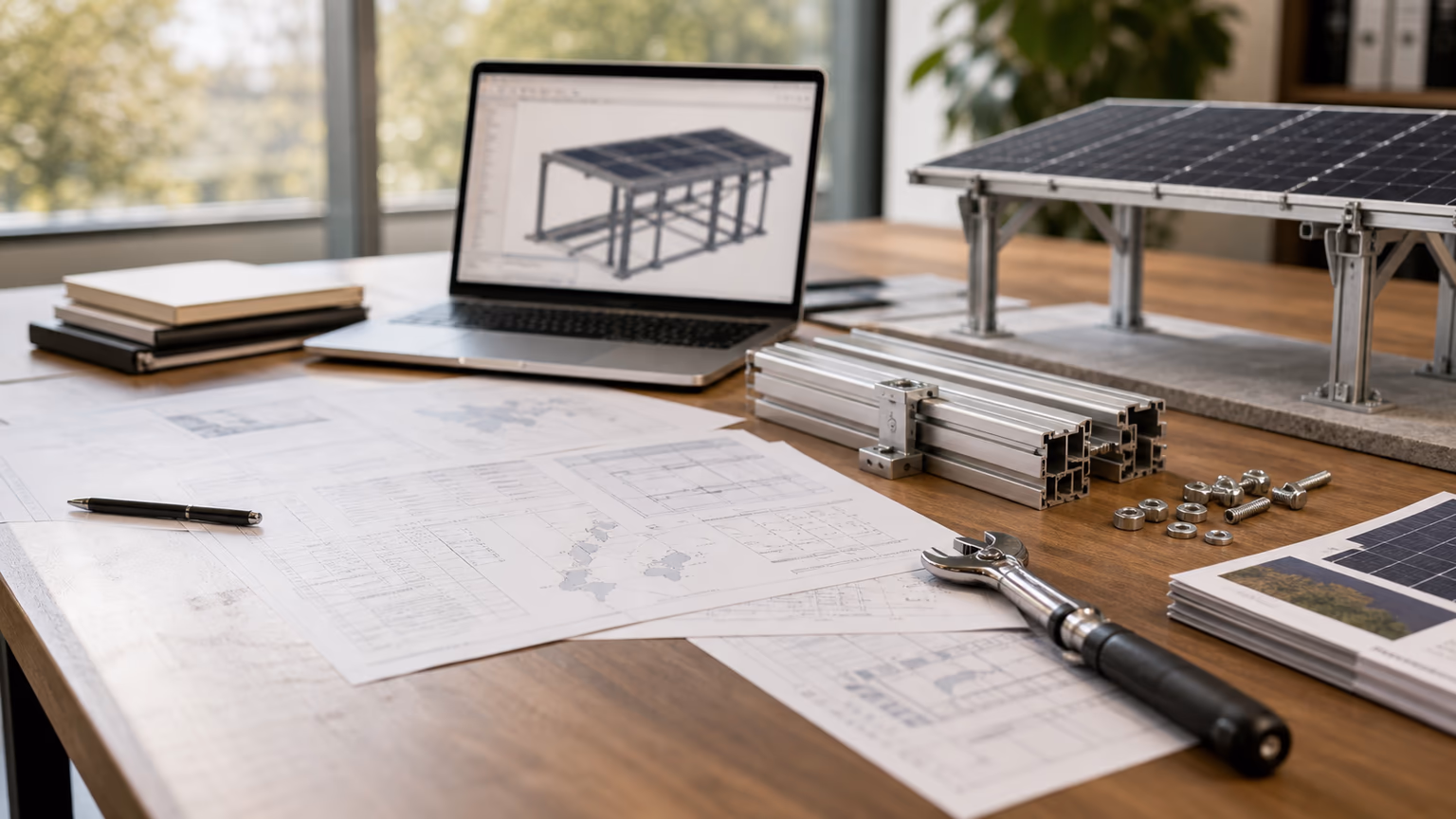 Bureau d études avec plans, calculs Eurocode et maquette de structure photovoltaïque