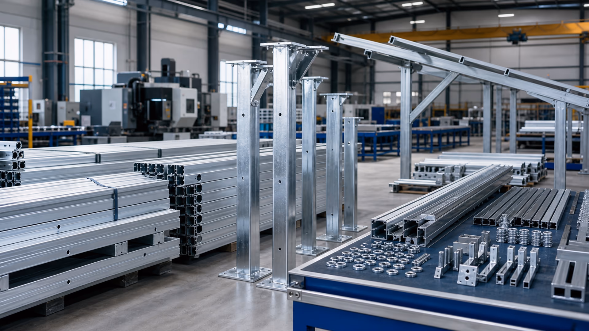 Atelier fabricant avec profilés aluminium et structures métalliques photovoltaïques