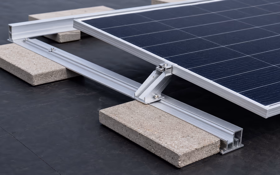 Aufgeständertes Solarmodul auf einem Flachdach: Aluminiumschienen mit Dreiecksstütze, beschwert mit Betonsteinen