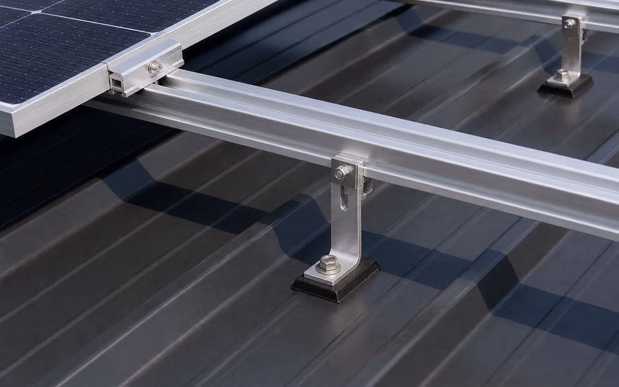 Aluminium-Winkelhalter auf der Hochsicke eines Trapezblechdachs mit EPDM-Unterlage, Montageschiene und Modulklemme