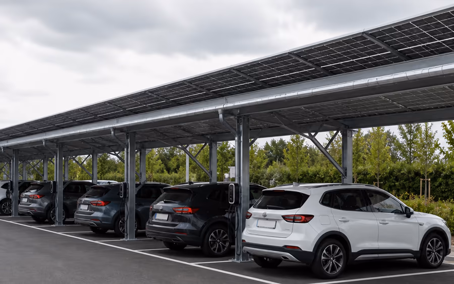 Ombrière photovoltaïque couvrant plusieurs places de parking