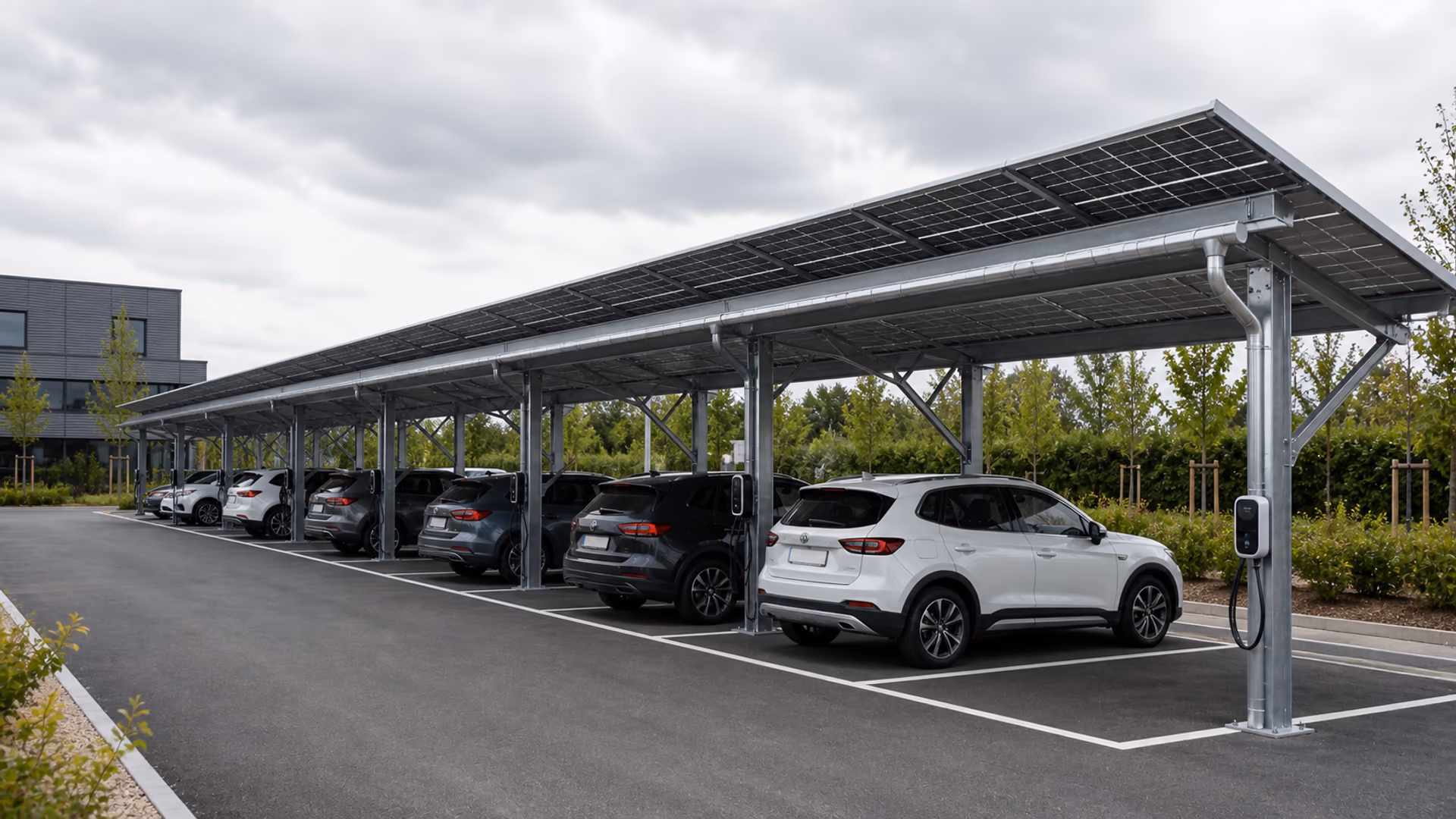 Parking d entreprise équipé d une ombrière photovoltaïque métallique