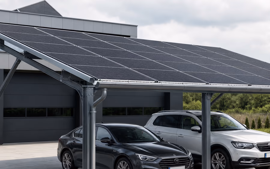 Dubbele carport met zonnepanelen boven twee auto’s