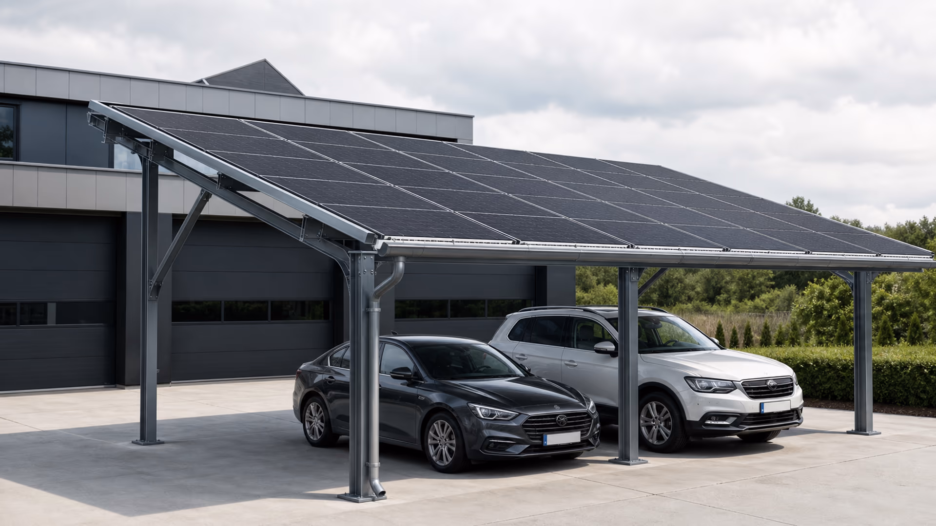 Structure de carport solaire métallique avec panneaux photovoltaïques et véhicules abrités