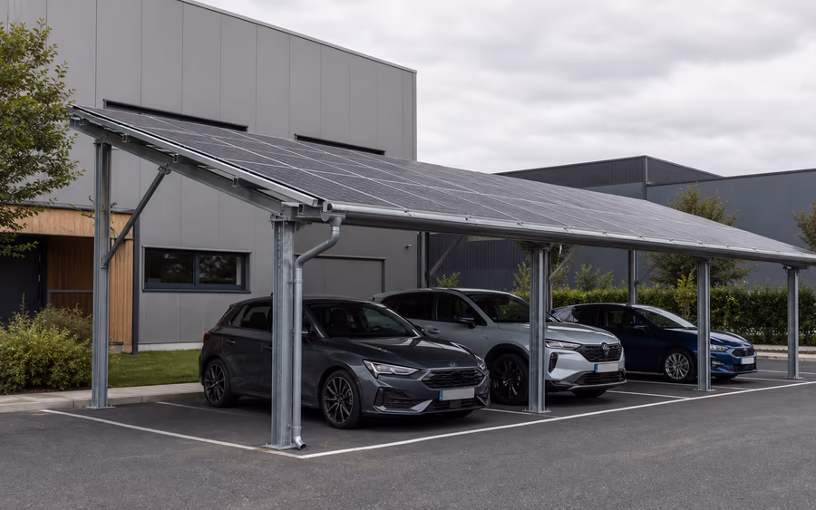 Lange carport met zonnepanelen boven drie parkeerplaatsen bij een bedrijfspand