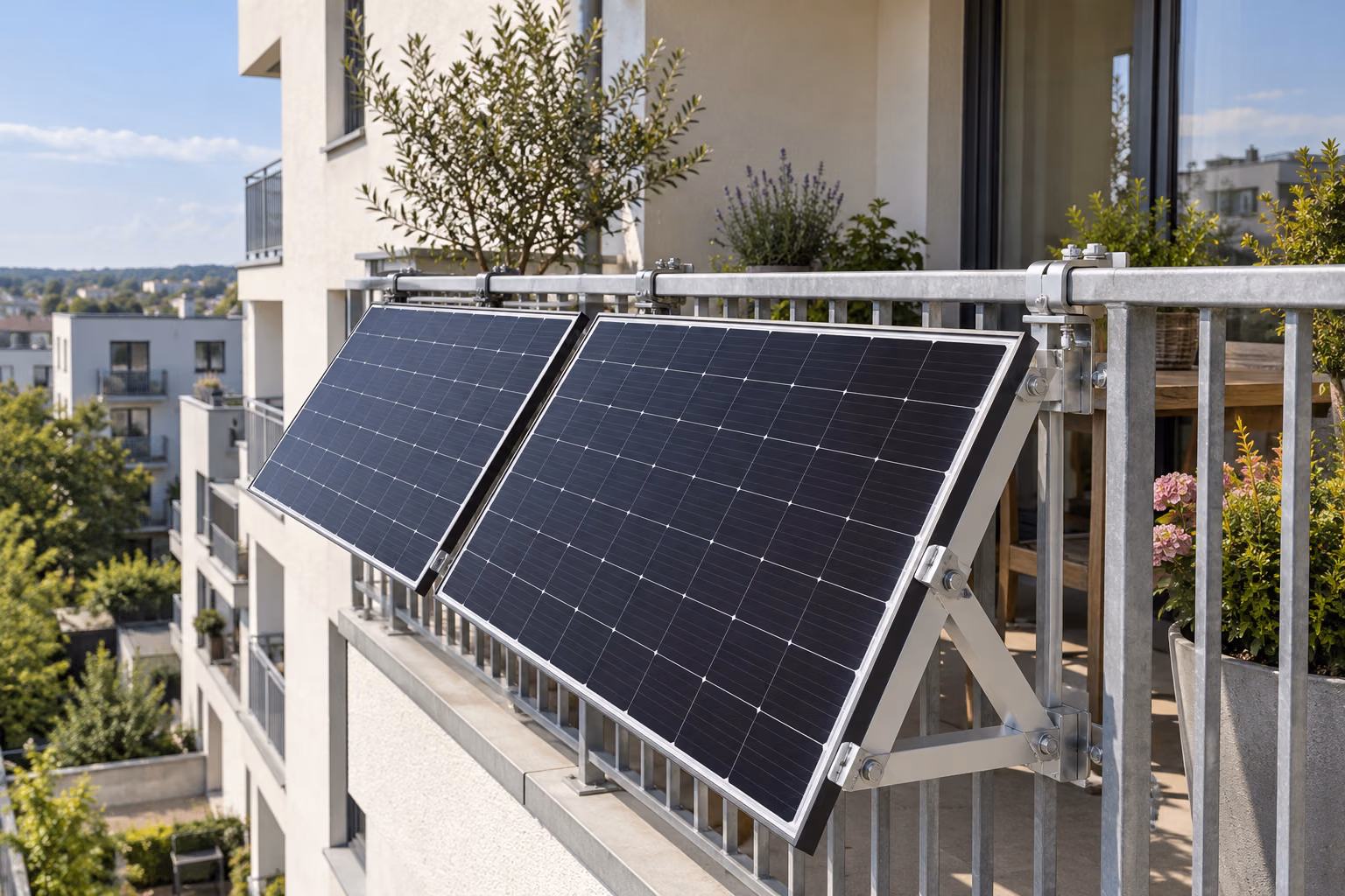 Zwei Solarmodule außen an einem verzinkten Balkongeländer, gehalten von schrägen Aluminium-Halterungen mit Rohrschellen und Edelstahlschrauben