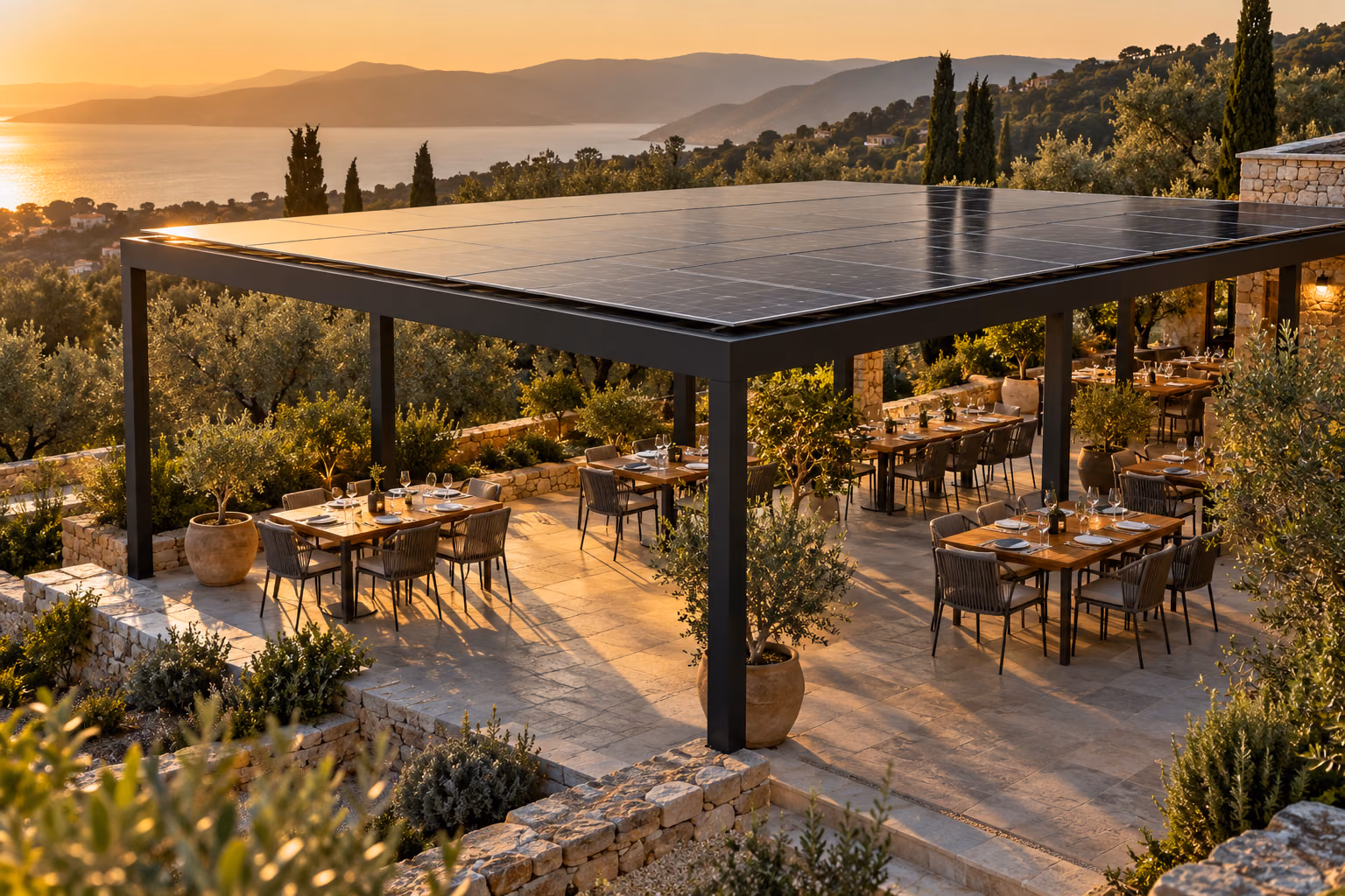 Grote vrijstaande zonnepergola boven het terras van een restaurant