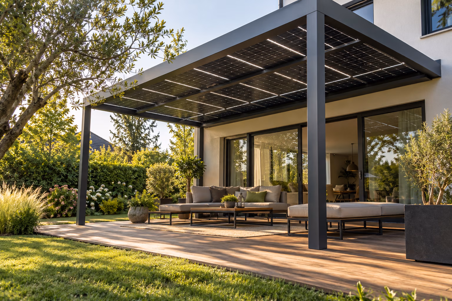 Zonnepergola tegen de gevel van een woning, met zonnepanelen boven een terras