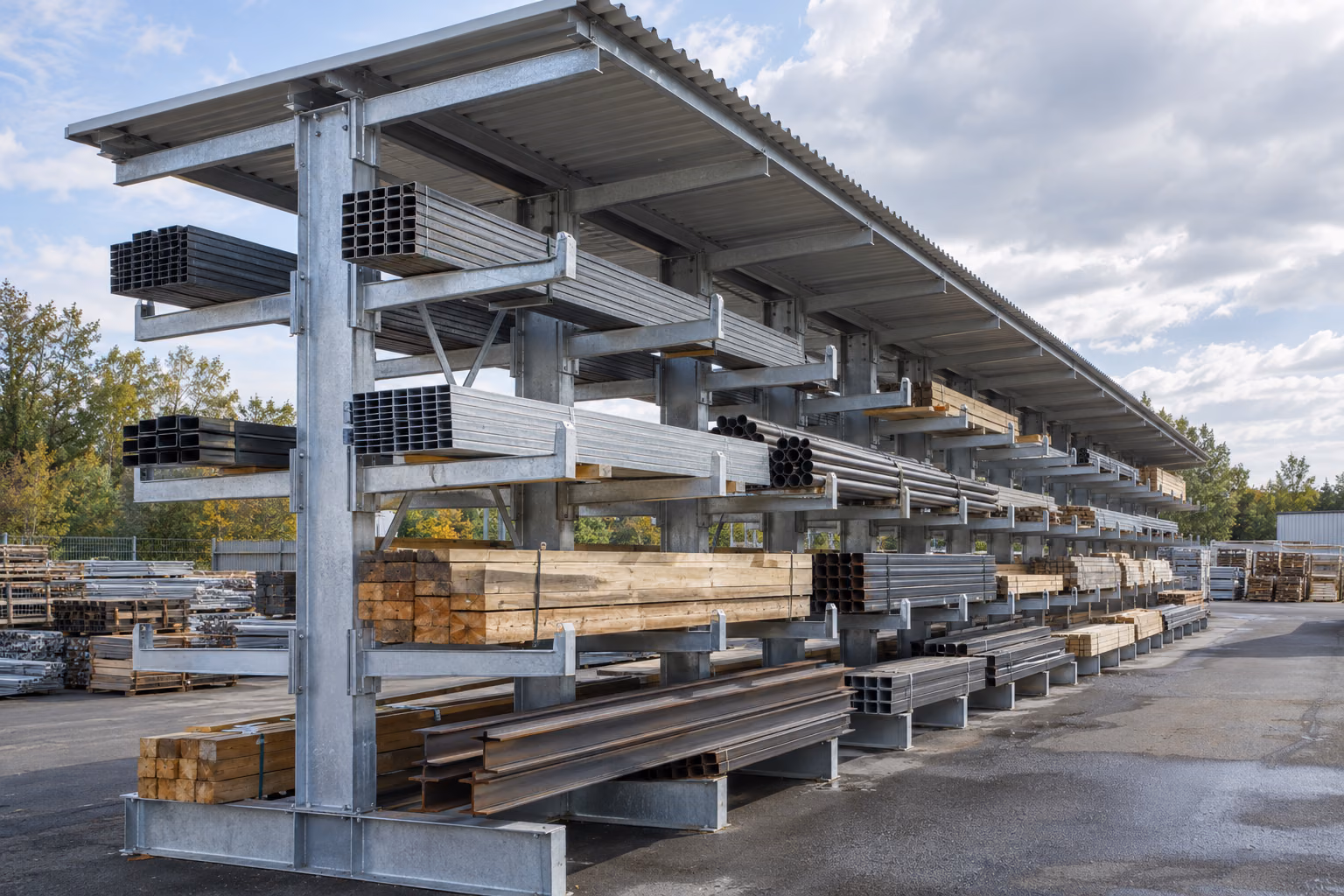 Rayonnage cantilever double face galvanisé en extérieur, couvert d’une toiture en tôle, chargé de tubes, de profilés et de bois de charpente