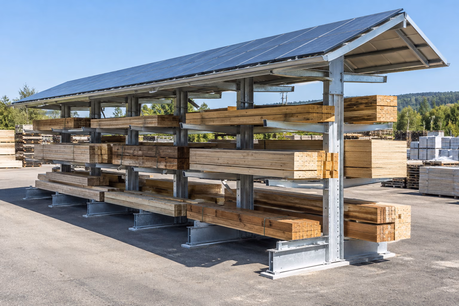 Rayonnage cantilever double face en extérieur, couvert d’une toiture à deux pentes équipée de panneaux solaires, chargé de bois de charpente