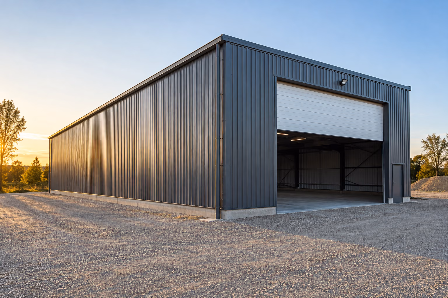 Hangar métallique monopente bardé de tôle anthracite avec une porte sectionnelle