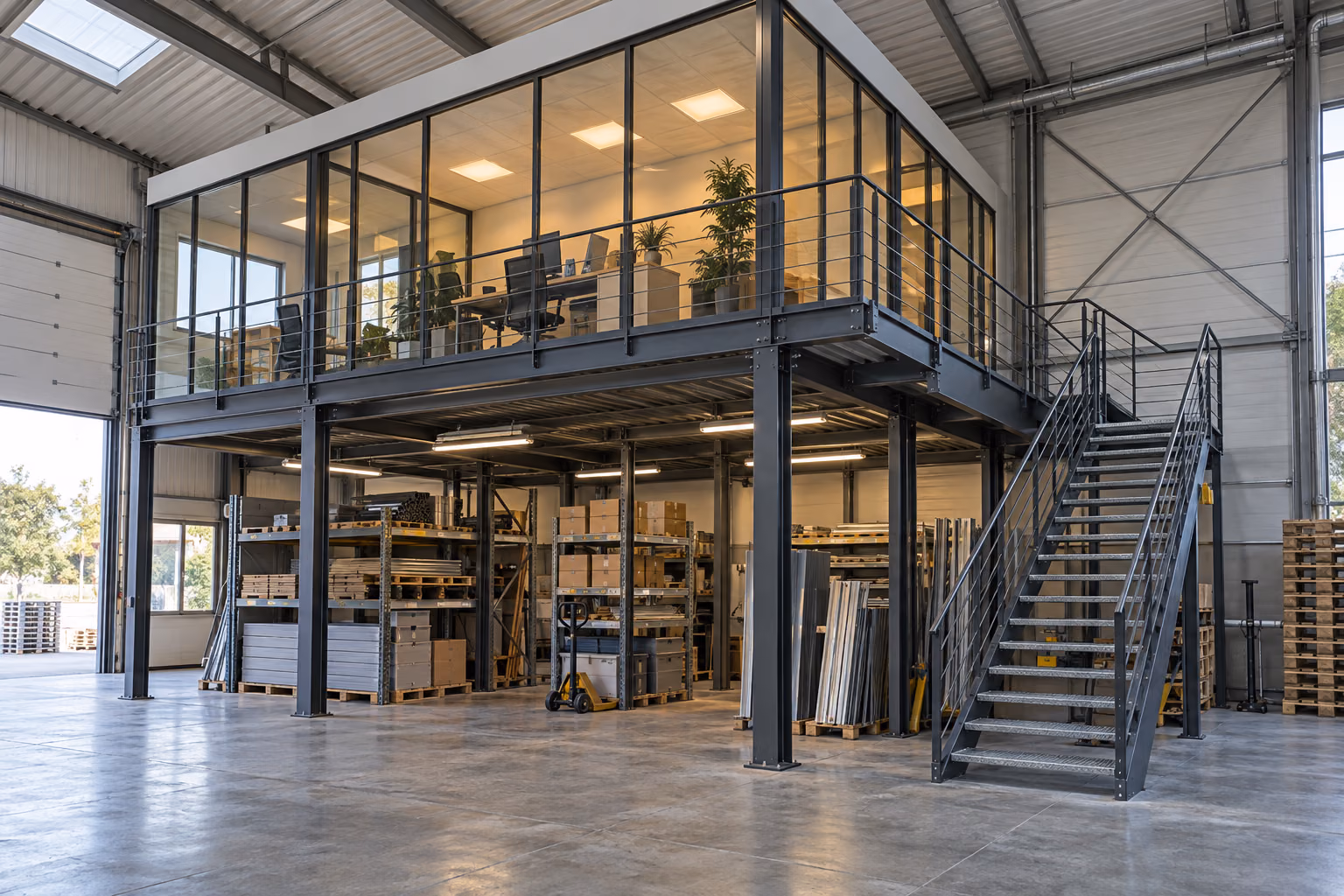 Mezzanine industrielle en acier portant un bureau vitré, escalier et garde-corps, stockage au rez-de-chaussée
