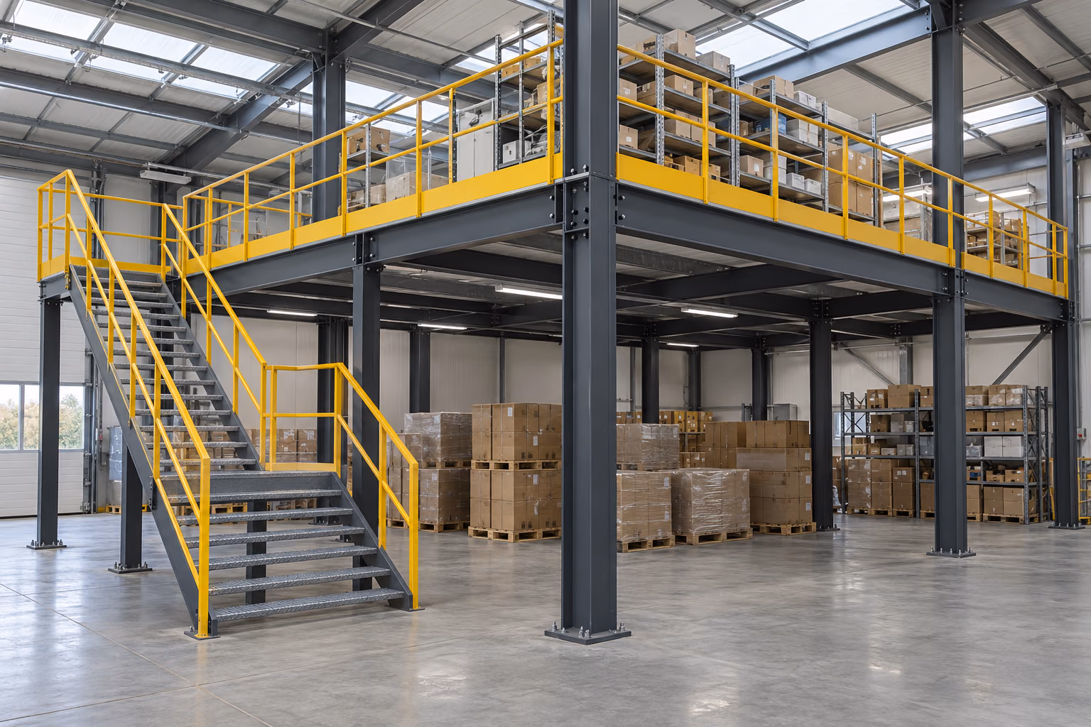 Mezzanine industrielle en acier gris anthracite avec garde-corps jaune et escalier, palettes stockées dessous