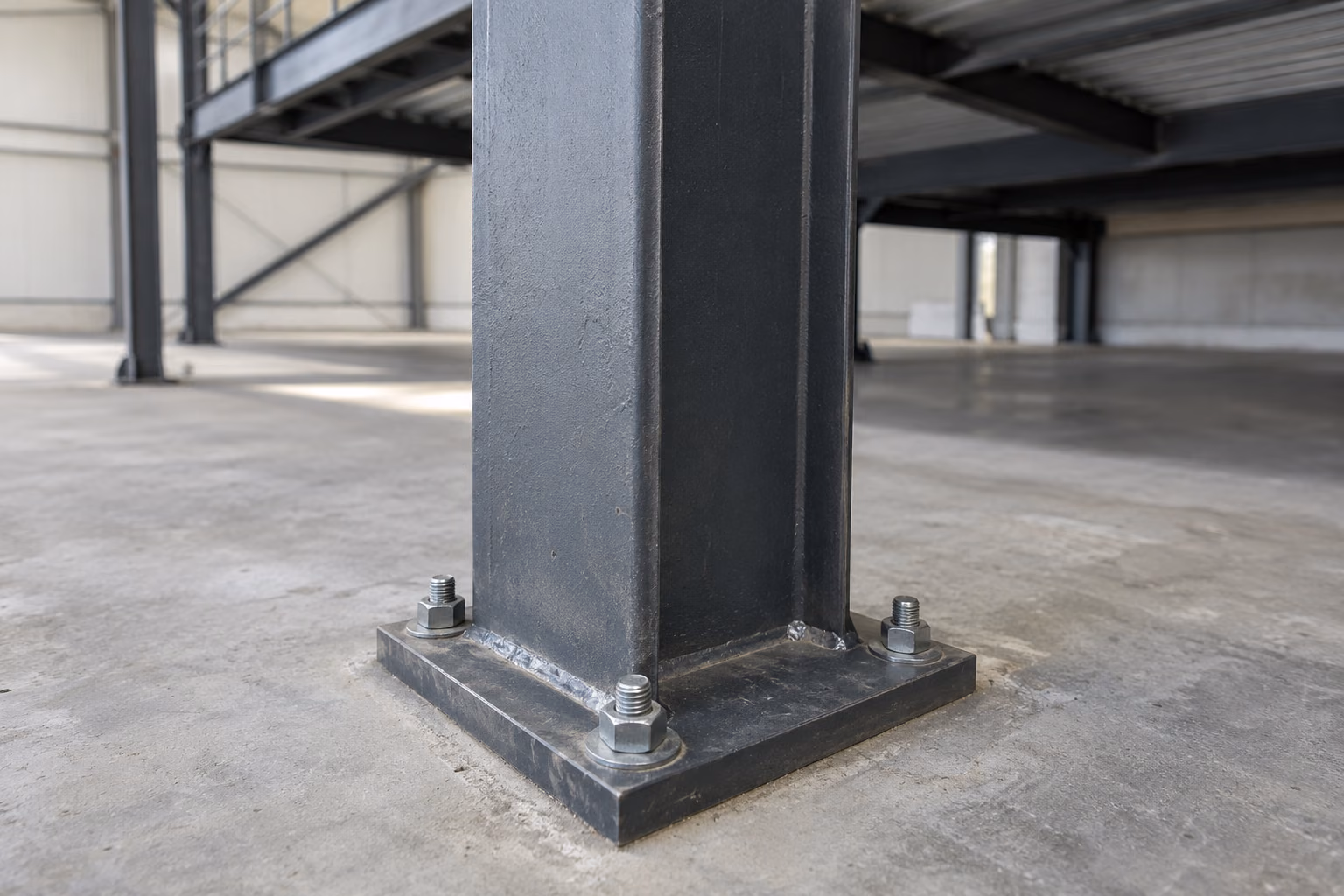Pied de poteau de mezzanine en acier fixé sur une platine ancrée dans une dalle béton